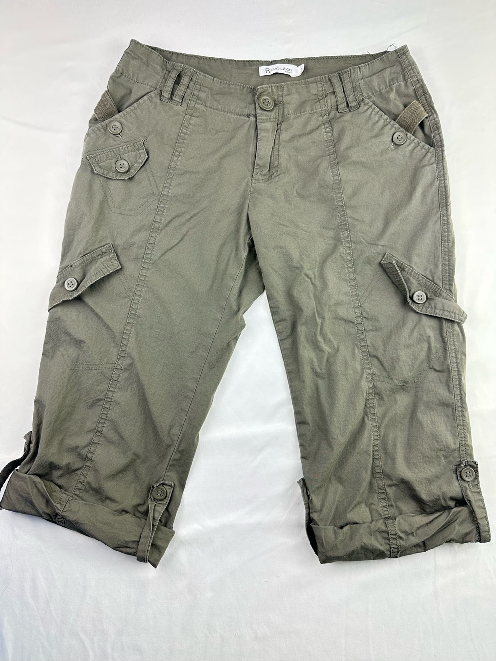 Y2K Olive Green Cargo Capri Pants Vintage Utility Gorpcore Low Rise Cropped Sz 2